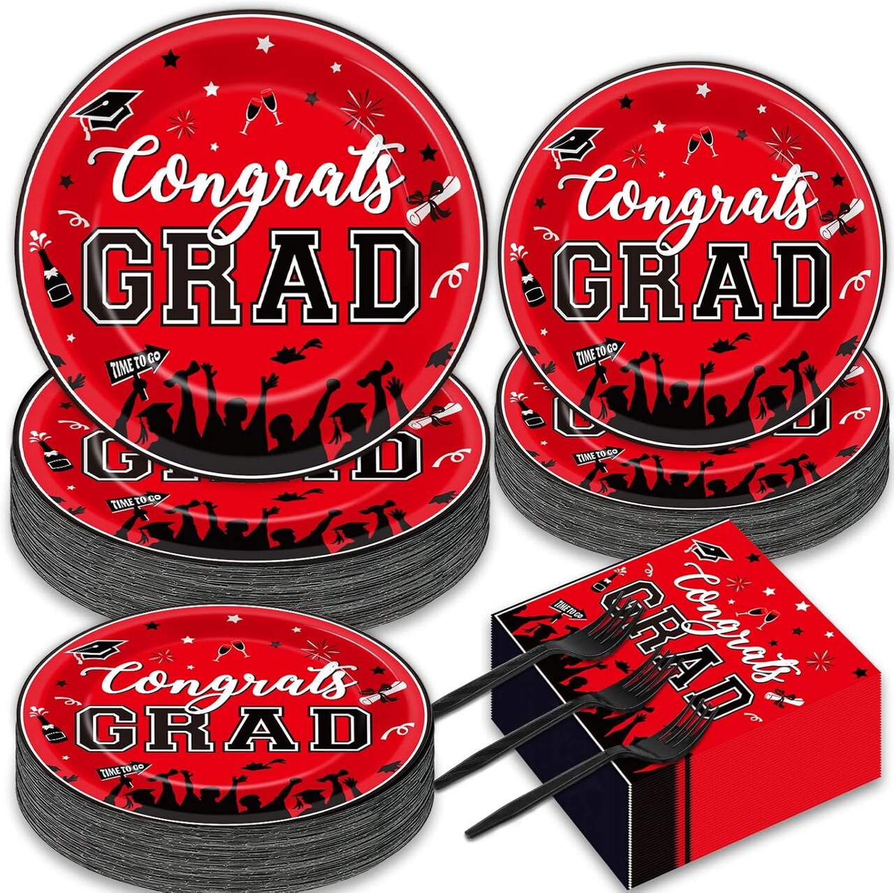 50 Guests Graduation Party Plates Napkins Red 2025 Congrats Grad Tableware Set Class of 2025 Party Supplies Disposable Plates Napkins Forks for Grad Party Decorations